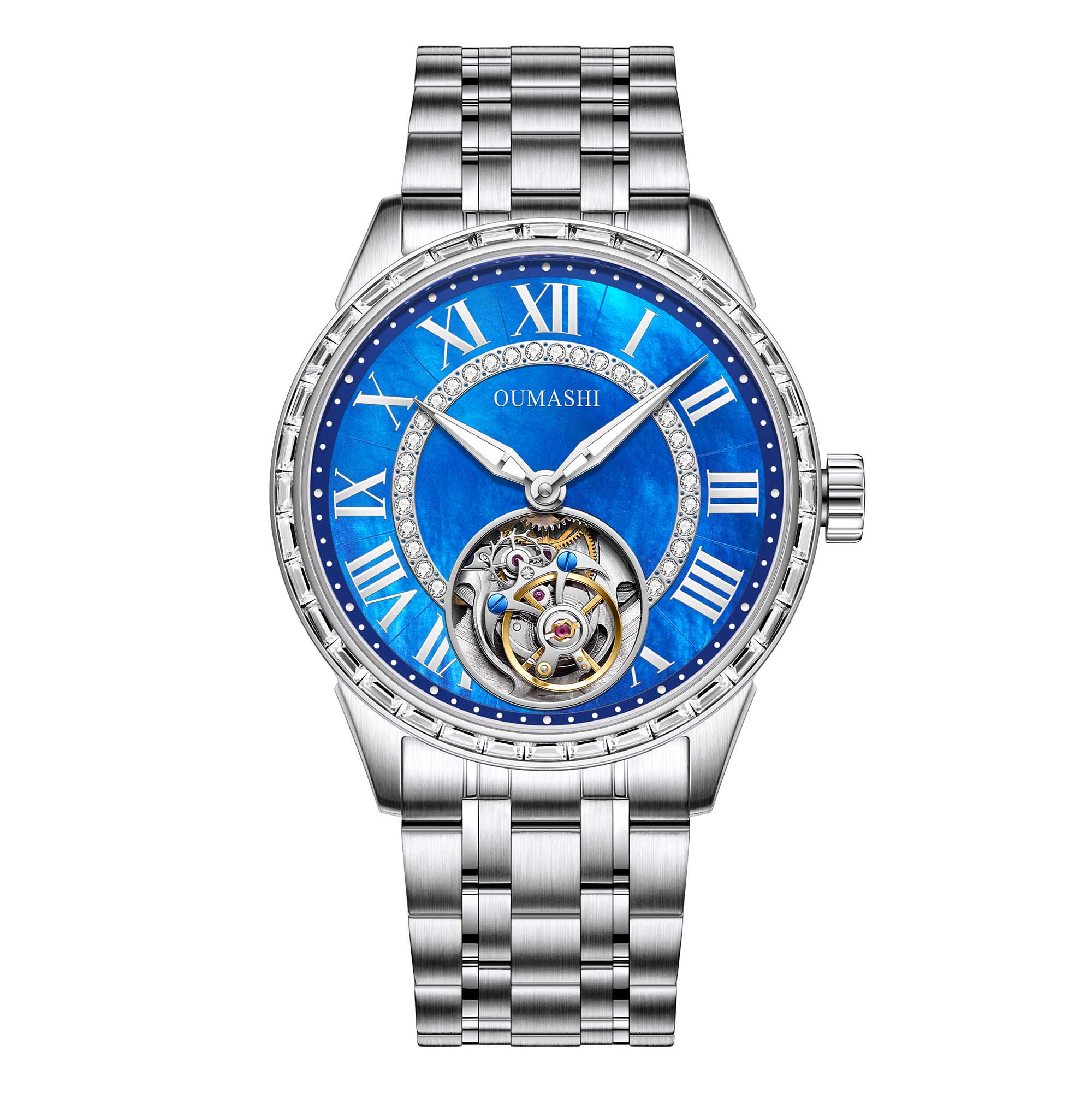 43mm diameter automatic tourbillon movement made of sapphire, glass, stainless steel material