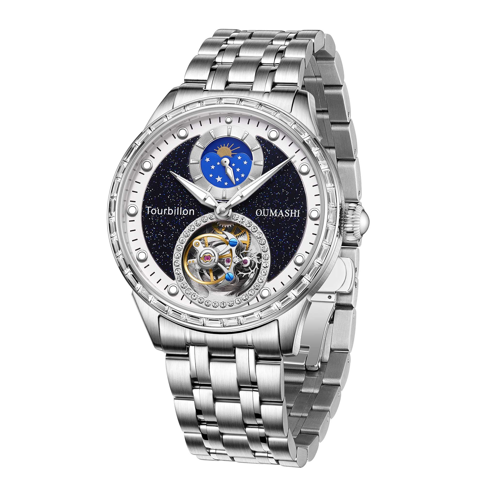 43mm diameter automatic tourbillon movement made of sapphire, glass, stainless steel material