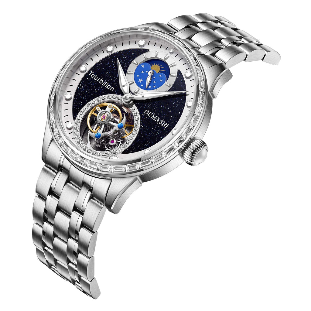 43mm diameter automatic tourbillon movement made of sapphire, glass, stainless steel material