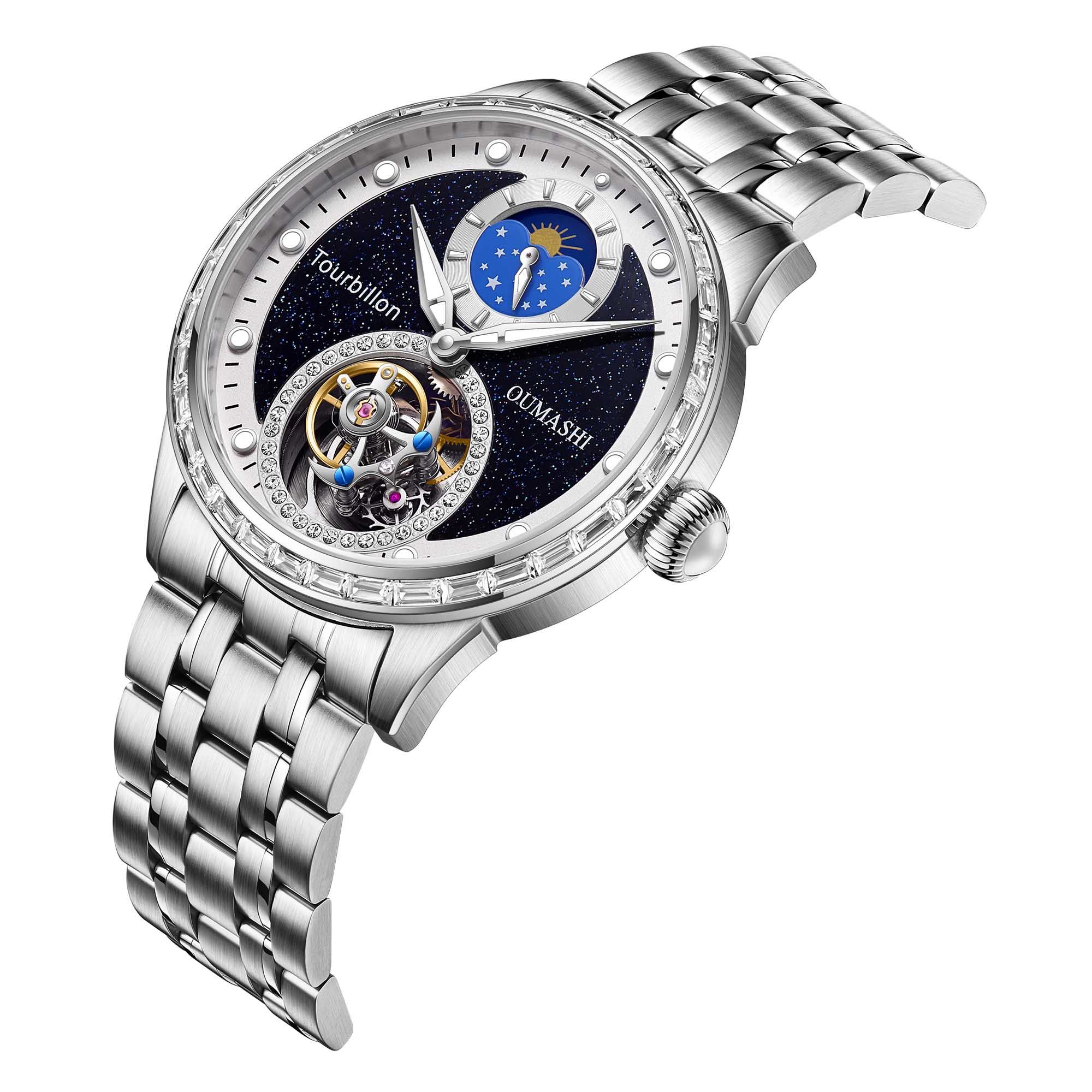 43mm diameter automatic tourbillon movement made of sapphire, glass, stainless steel material